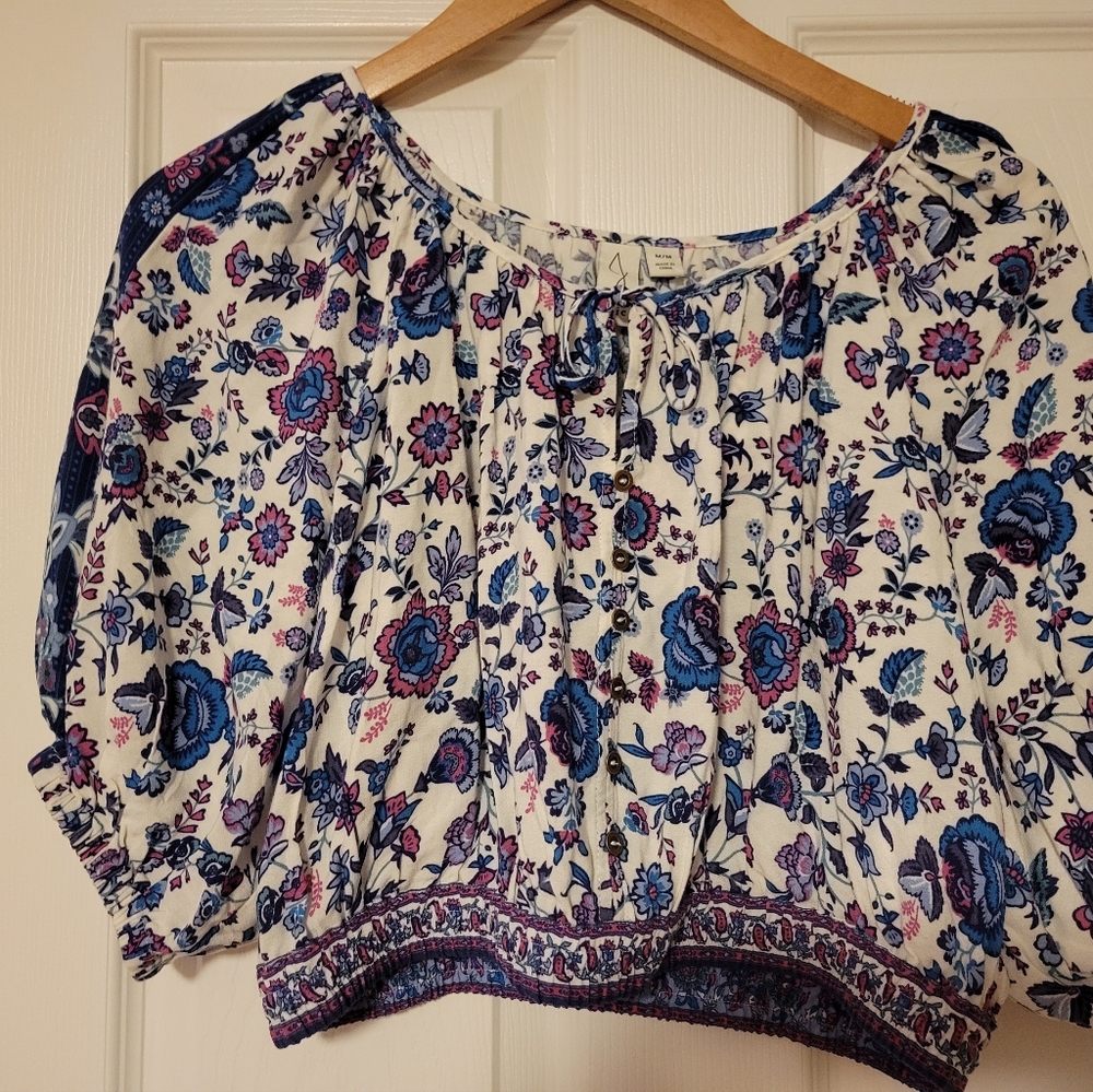 Joie Cream Crop Top with Blue and Pink Floral Pattern